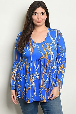 Plus Size Long Sleeve Round Neckline Chain Detail Tunic Top - Pack of 6 Pieces