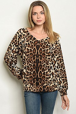 Long Sleeve V-neck Leopard Print Tunic Top - Pack of 6 Pieces