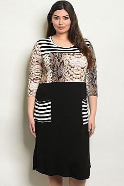 Plus Size 3/4 Sleeve Stripe and Print Tunic Dress - Pack of 6 Pieces