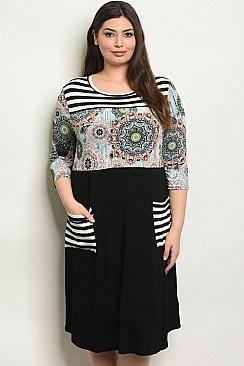 Plus Size 3/4 Sleeve Stripe and Print Tunic Dress - Pack of 6 Pieces