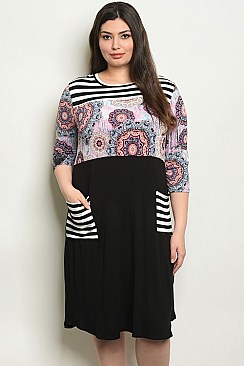 Plus Size 3/4 Sleeve Stripe and Print Tunic Dress - Pack of 6 Pieces