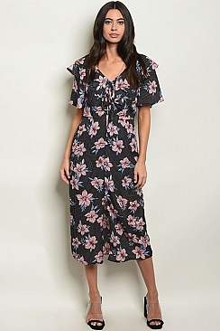 Flutter Sleeve V-neck Floral Print Dress - Pack of 6 Pieces