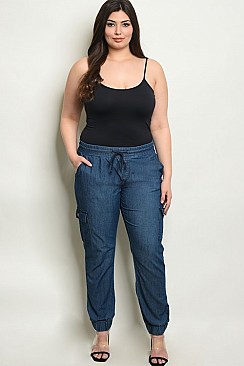 Plus Size Elastic Waistband Jogger Style Denim Chambray Pants - Pack of 6 Pieces