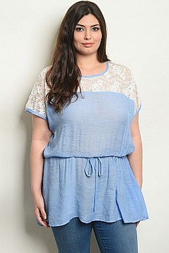 Plus Size Short Sleeve Lace Detail Smocked Top - Pack of 7 Pieces