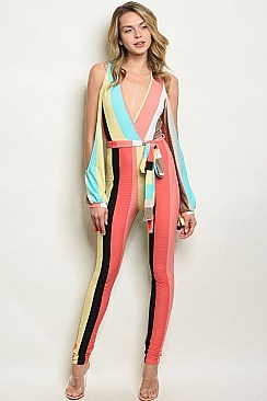 Long Slit Sleeve Plunging Neckline Striped Jumpsuit - Pack of 6 Pieces