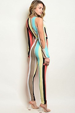 Long Slit Sleeve Plunging Neckline Striped Jumpsuit - Pack of 6 Pieces