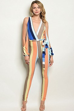 Long Slit Sleeve Plunging Neckline Striped Jumpsuit - Pack of 6 Pieces