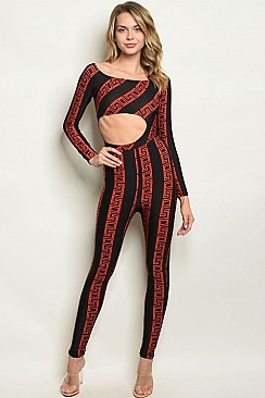 Cut Out Detail Black Red Print Jumpsuit - Pack of 6 Pieces