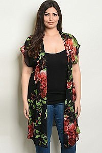 BLACK FLORAL PLUS SIZE KIMONO - Pack of 6 Pieces