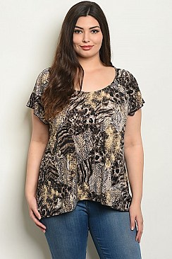 Plus Size Short Sleeve Scoop Neck Animal Print Top - Pack of 6 Pieces