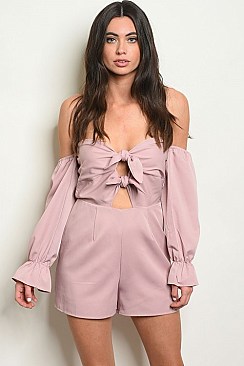 Long Sleeve Off the Shoulder Knotted Front Romper - Pack of 6 Pieces