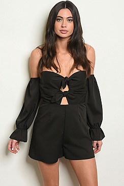 Long Sleeve Off the Shoulder Knotted Front Romper - Pack of 6 Pieces