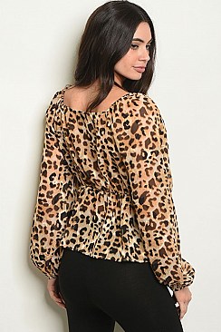 Long Sleeve V-neck Leopard Print Babydoll Blouse - Pack of 6 Pieces