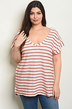 Plus Size Short Sleeve Scoop Neck Striped Tunic Top - Pack of 6 Pieces