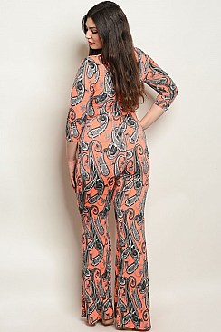Plus Size 3/4 Sleeve V-neck Printed Jumpsuit - Pack of 6 Pieces