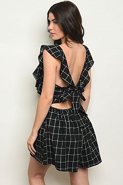 Sleeveless Ruffled Back Tie Check Grid Romper - Pack of 6 Pieces