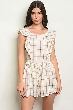 Sleeveless Ruffled Back Tie Check Grid Romper - Pack of 6 Pieces