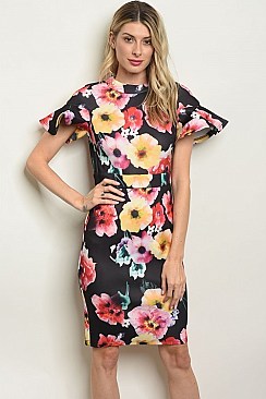 Short Ruffled Sleeve High Neck Floral Dress - Pack of 6 Pieces