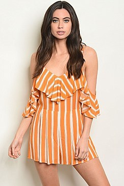 Drop Shoulder Ruffled Striped Romper - Pack of 6 Pieces