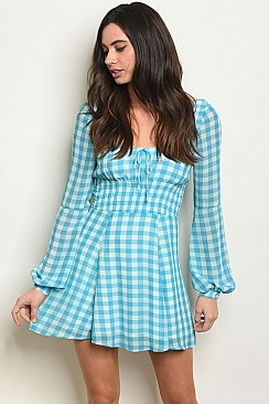 Long Puff Sleeve Babydoll Checkered Tunic Dress - Pack of 6 Pieces
