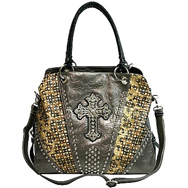 Laser Cut Cross Stoned Accented Handbag