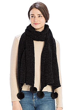 PLEATED CHENILLE POM POM SCARF