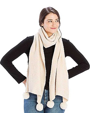 PLEATED CHENILLE POM POM SCARF