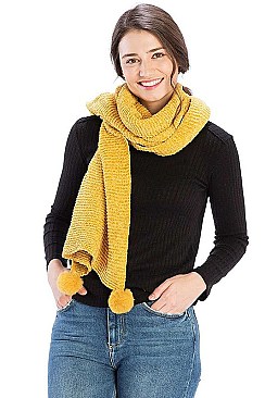 PLEATED CHENILLE POM POM SCARF