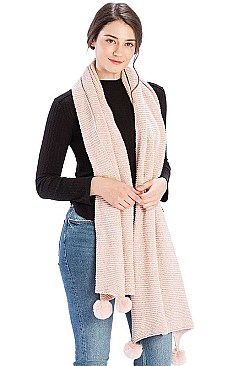 PLEATED CHENILLE POM POM SCARF