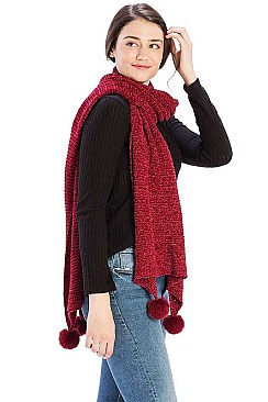 PLEATED CHENILLE POM POM SCARF