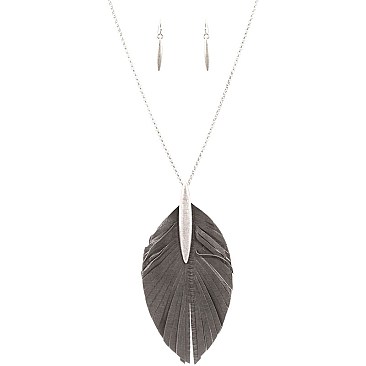 Metal Eelskin Feather Leather Pendant 34 Necklace SET MH-CS1712