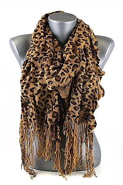 Leopard Ruffled Knit Scarves with Tassels FM-CS3754