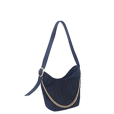 Chevron Embossed Chain Link Bucket Shoulder Bag Hobo