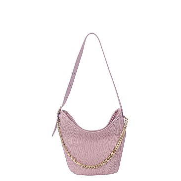 Chevron Embossed Chain Link Bucket Shoulder Bag Hobo