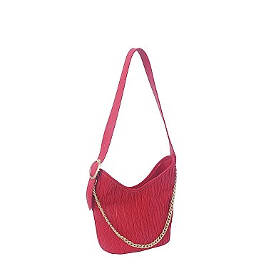 Chevron Embossed Chain Link Bucket Shoulder Bag Hobo