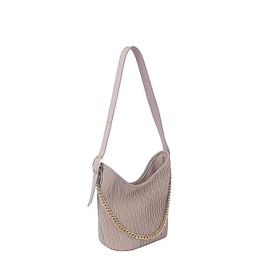 Chevron Embossed Chain Link Bucket Shoulder Bag Hobo