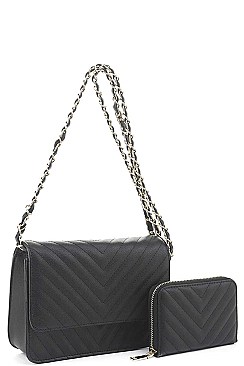 2IN1 FASHION QUILTED V DESIGN CROSSBODY BAG WALLET SET