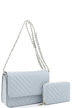2IN1 FASHION QUILTED V DESIGN CROSSBODY BAG WALLET SET