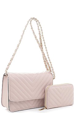 2IN1 FASHION QUILTED V DESIGN CROSSBODY BAG WALLET SET