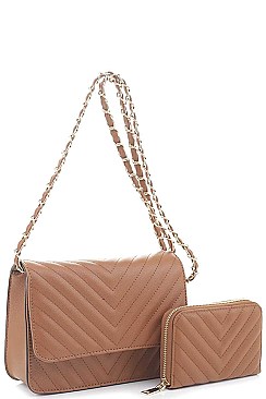 2IN1 FASHION QUILTED V DESIGN CROSSBODY BAG WALLET SET
