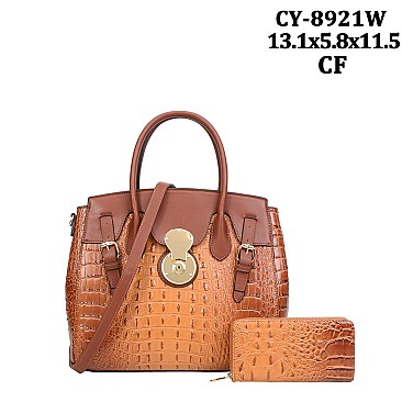 2 IN 1Crocodile Accented Satchel Handbag With Wallet