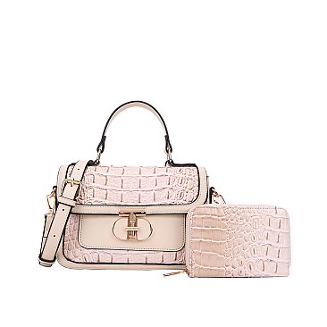 2 in 1 Crocodile Twist Lock Satchel - Wallet Set