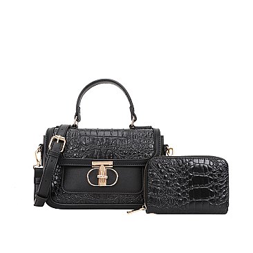 2 in 1 Crocodile Twist Lock Satchel - Wallet Set