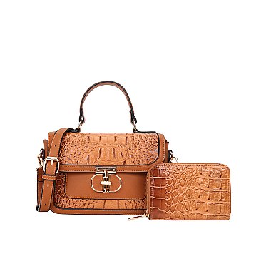 2 in 1 Crocodile Twist Lock Satchel - Wallet Set