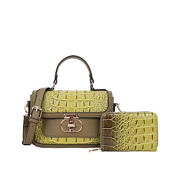 2 in 1 Crocodile Twist Lock Satchel - Wallet Set