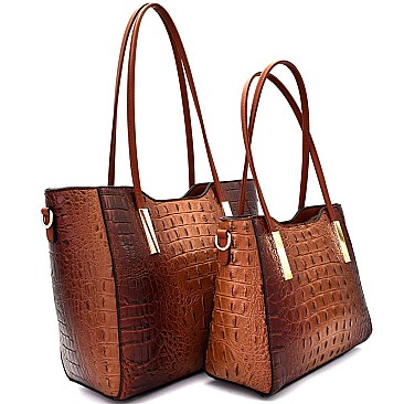 [S]CY6371-LP Crocodile Print Embossed 2 in 1 Twin Tote SET