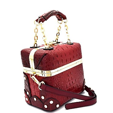 CY6434-LP Crocodile Embossed Jewel-Top Boxy Frame Satchel