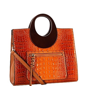 Wooden Handle Crocodile Print Satchel Wallet SET