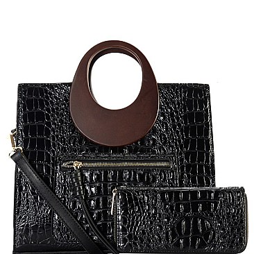 Wooden Handle Crocodile Print Satchel Wallet SET