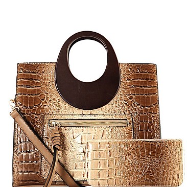 Wooden Handle Crocodile Print Satchel Wallet SET